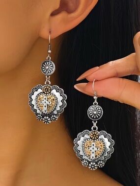Western Earrings Silver and Gold Heart Drop Earrings - Women Jewelry